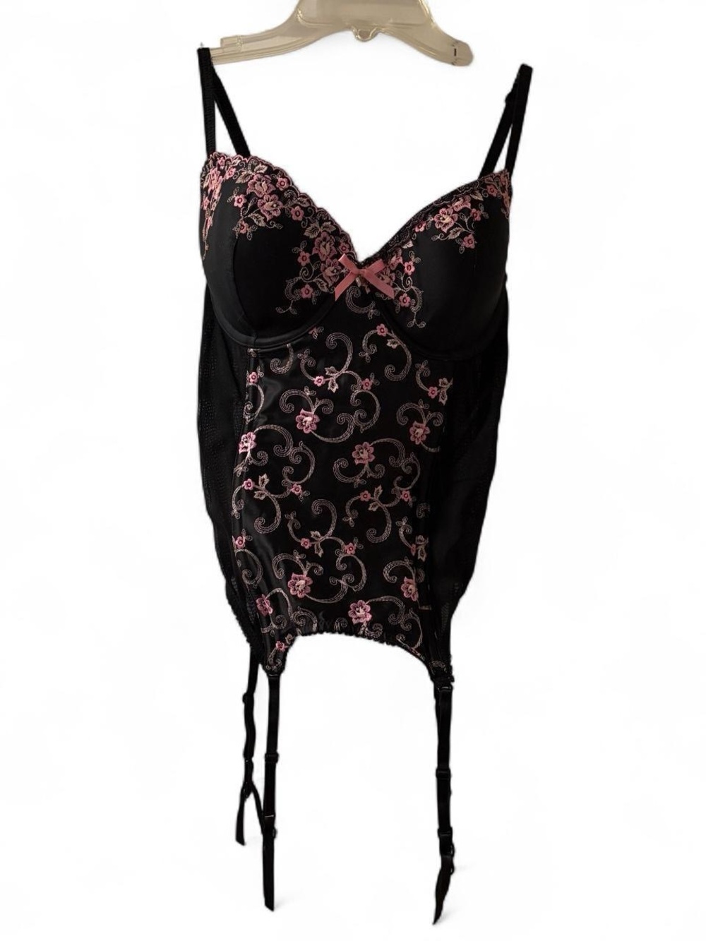 Black Garter Bodysuit with Pink Floral Embroidery
